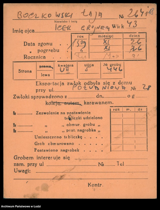 Obraz 20 z jednostki "Kartoteka osób pochowanych na cmentarzu żydowskim przy ulicy Brackiej w latach 1892-1956. Nazwiska na litery: Bock-Bö"