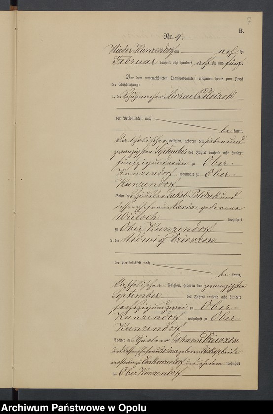Obraz 11 z jednostki "Heiraths-Neben-Register Standesamts Kunzendorf pro 1885"