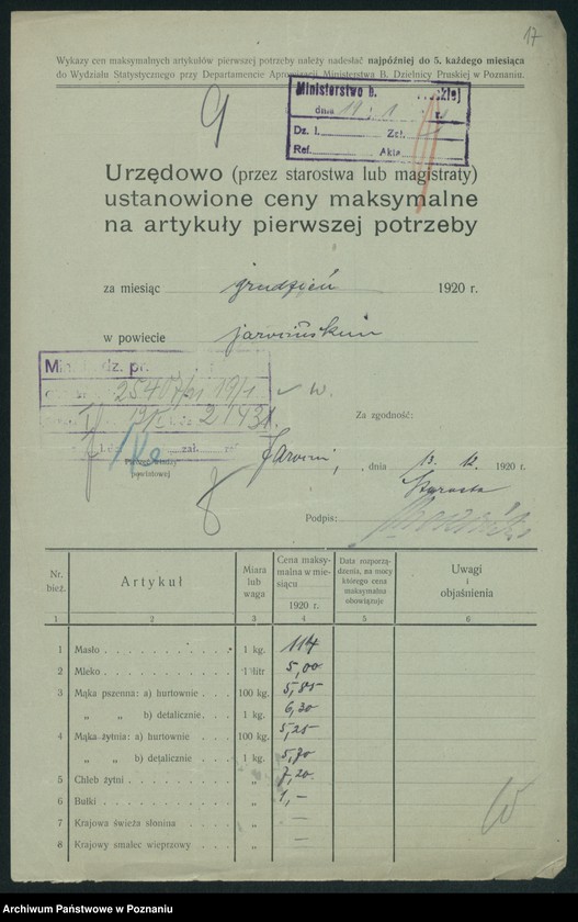 Obraz 19 z jednostki "[Wykazy urzędowo ustanowionych cen maksymalnych na artykuły pierwszej potrzeby na terenie Województwa Poznańskiego za miesiąc grudzień 1920 roku]"