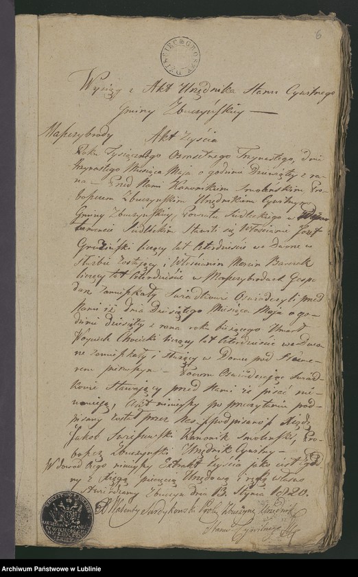 Obraz 6 z jednostki "Alegaty do księgi urodzeń, zapowiedzi, małżeństw i zgonów z 1820 r."