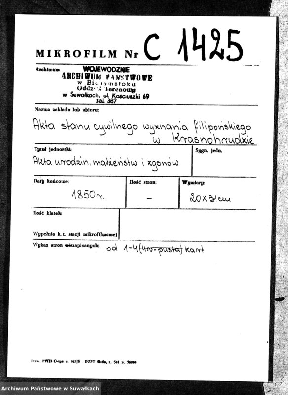 image.from.unit.number "Duplikaty Urodzonych, Zaślubionych i zmarłych Sekty Filiponów z Gminy Krasnohruda na rok 1850 r."