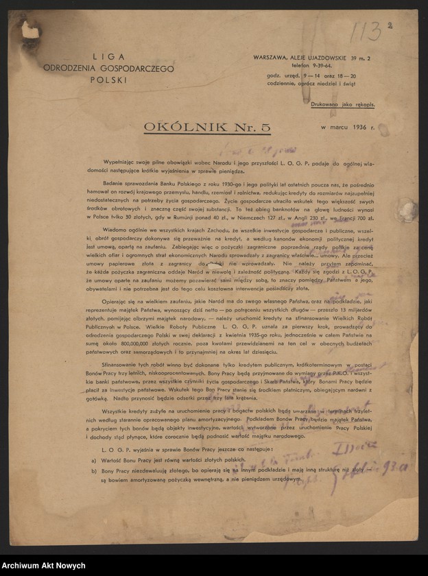 image.from.unit.number "Liga Odrodzenia Gospodarczego Polski. Projekt wydania "bonów pracy"."