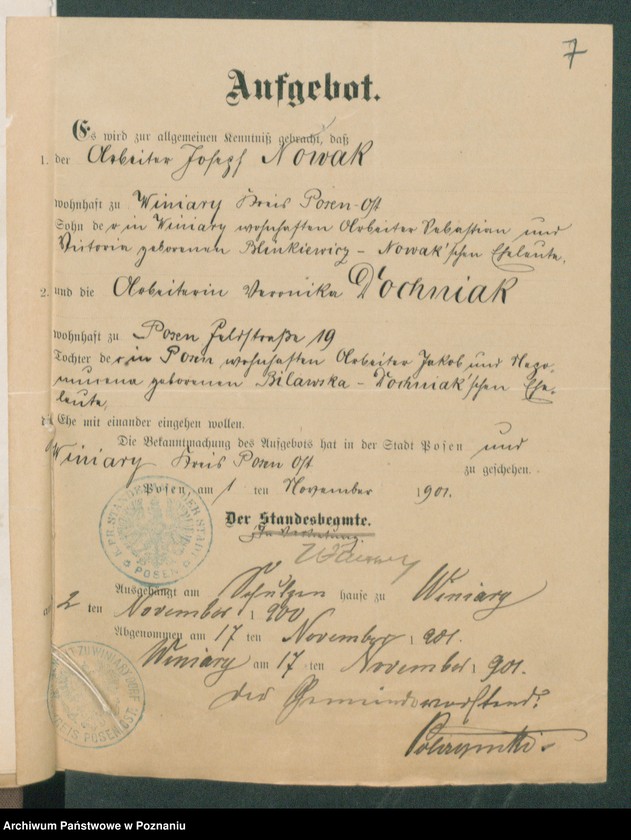 Obraz 9 z jednostki "[Dokumenty dostarczone przez narzeczonych do zawarcia związku małżeńskiego za 1901 rok. Tom XVIII]"