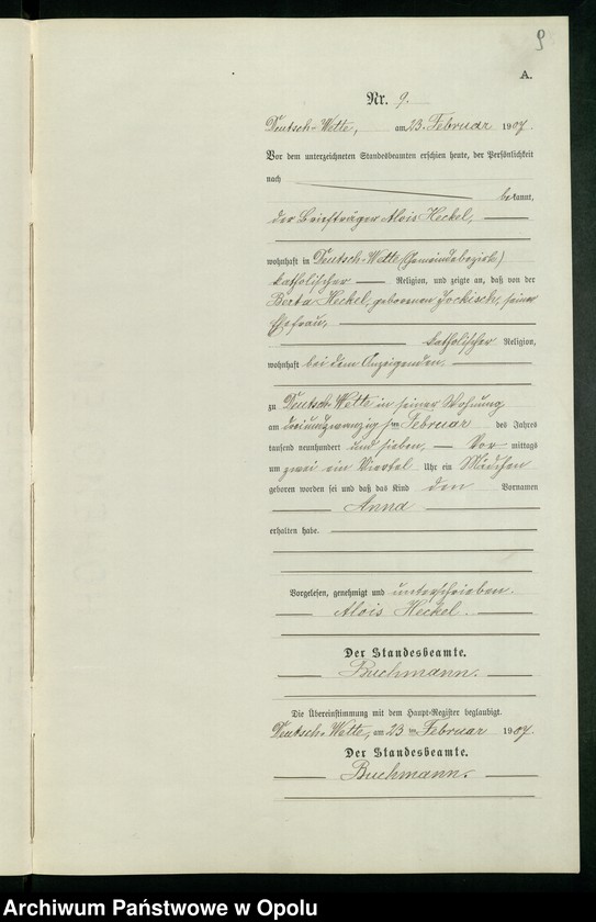 Obraz 13 z jednostki "Geburts-Neben-Register des Standesamts Deutsch Wette pro 1907"