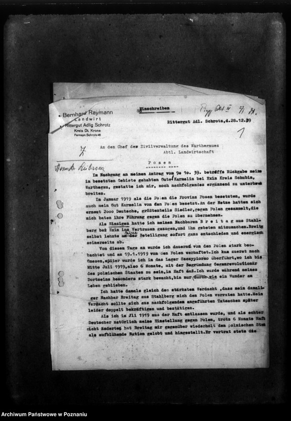 Obraz 5 z jednostki "Korespondencja w sprawie miejscowych Niemców, którzy zginęli w 1939 roku oraz donos Niemca B. Reymanna z powiatu wałeckiego na jego sąsiada, Niemca Breitinga o sprzyjanie Polakom"