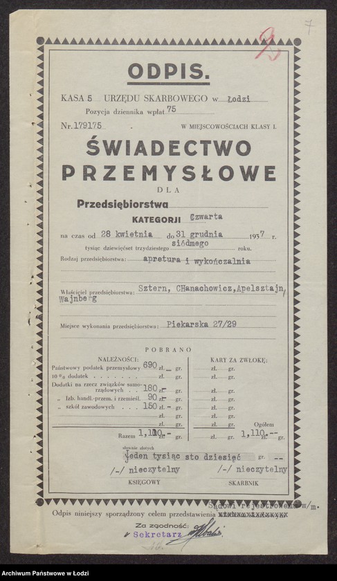 Obraz 9 z jednostki "Boryszowska Apretura i Drukarnia- Wolf Gutgold i S-ka, dzierżawcy: Mojżesz Aron Sztern, Henoch Chanachowicz, Pinkus Apelsztajn, Szlama Wajnberg- apretura i wykończalnia"