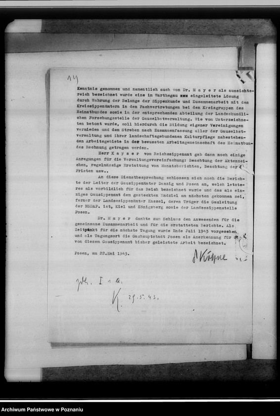 Obraz 18 z jednostki "Tagesordnung zur Arbeitsbesprechung der Sippenamtsleiter aus den Ortsgebieten in Posen [Poznań] [oraz korespondencja]"