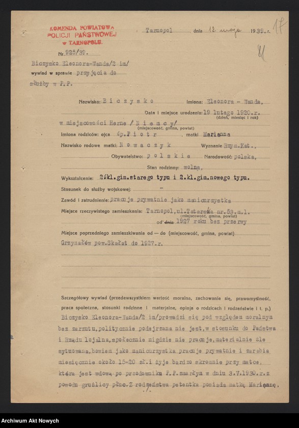 image.from.unit.number "Przyjęcie do służby w Policji Państwowej Eleonory Wandy Biczysko. Dokumentacja osobowa, korespondencja."