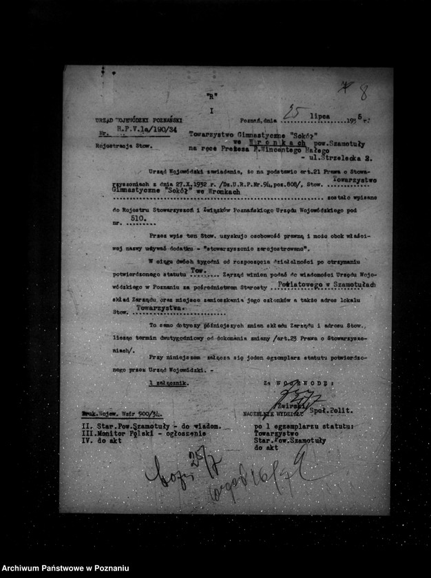 Obraz 12 z jednostki "/Towarzystwo Gimnastyczne Sokół we Wronkach powiat Szamotuły -rejestracja/"