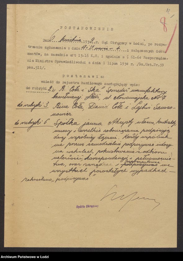 Obraz 14 z jednostki "Lajbuś Samsonowicz, dawid Coła, Bina Coła „B. Coła i s-ka” - sprzedaż manufaktury bawełnainej"