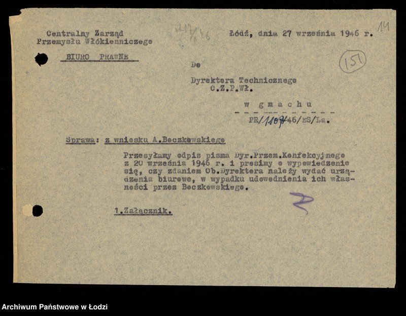 Obraz 16 z jednostki "[Korespondencja w sprawie reprywatyzacji urządzeń biurowych Fabryki Termometrów oraz lokalu fabrycznego w Łodzi ul. Dowborczyków 37]"