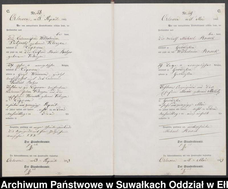 Obraz 19 z jednostki "Sterbe-Neben-Register des Preussischen Standes-Amtes Orlowen Kreis Loetzen für das Jahr 1883"