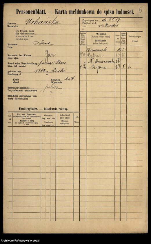 Obraz 7 z jednostki "[Spis ludności Łodzi] Urbańska - Użniak"