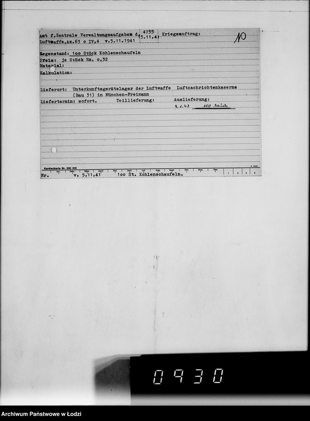 Obraz 12 z jednostki "Amt für Vewaltungsaufgaben der Luftwaffe Kriegsauftrag 49/41 A.z.V.100 Kohlenschaufeln. 200 Feuerhaken"