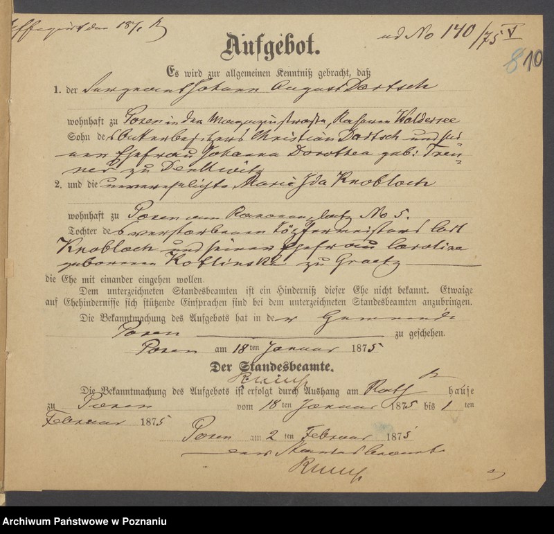 Obraz 12 z jednostki "Die von den Verlobten beigebrachten Urkunden zur Eheschliessung pro 1875"