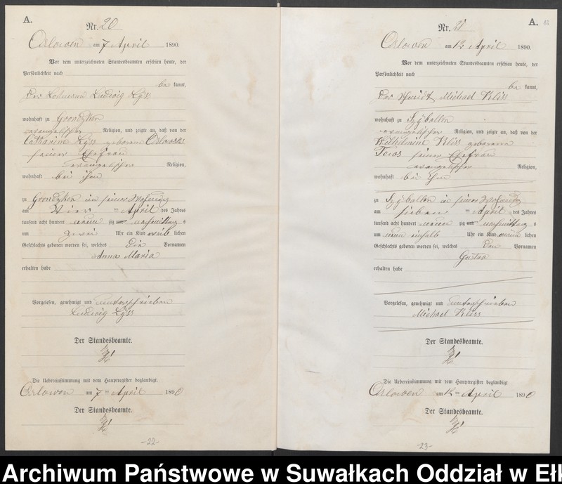 image.from.unit.number "Geburts-Neben-Register des Preussischen Standes-Amtes Orlowen Kreis Loetzen für das Jahr 1890"
