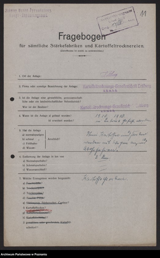 Obraz 13 z jednostki "[Kwestionariusze statystyczne dotyczące suszarni i krochmalni ziemniaków]"