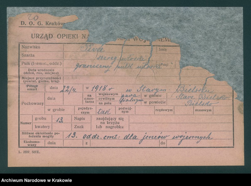 image.from.unit.number "Karty ewidencyjne zmarłych Włochów na terenie miejscowości: Kraków, Oświęcim, Zakopane, Bielsko, Aleksandrowice, Wadowice, Tanów."