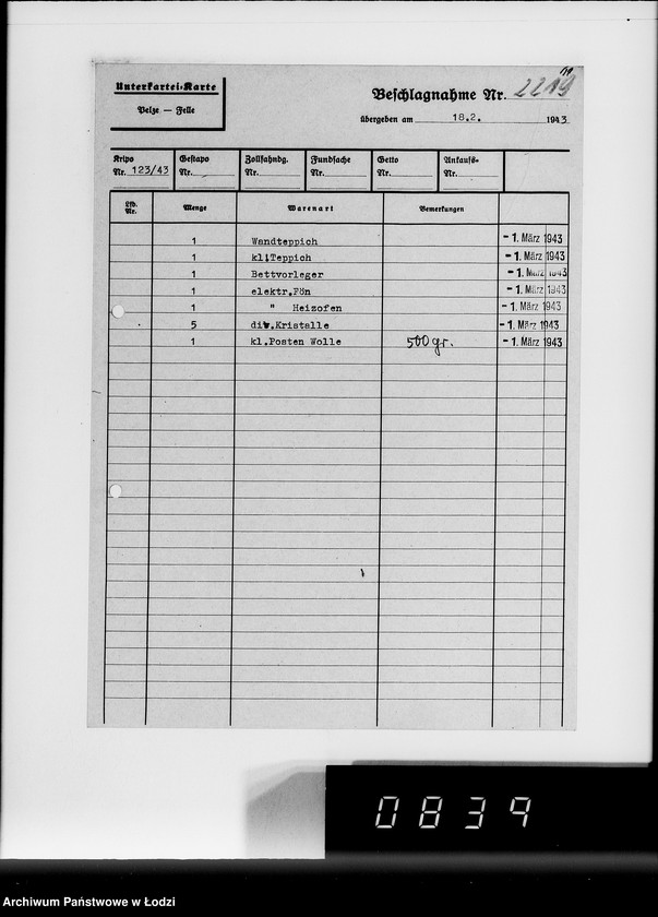 image.from.unit.number "Allgemeine Rechnungen. Durchschläge nr 5. [Kartoteka i zestawienia skonfiskowanych przedmiotów]"