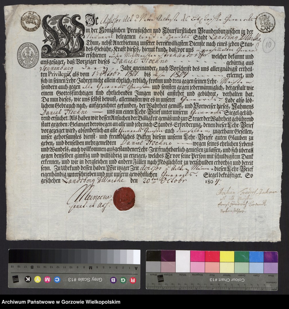 image.from.unit.number "[Lehrbrief für den Töpfergesellen Daniel Hoehne aus Sonnenburg. Landsberg an der Warthe den 20 October 1804]"