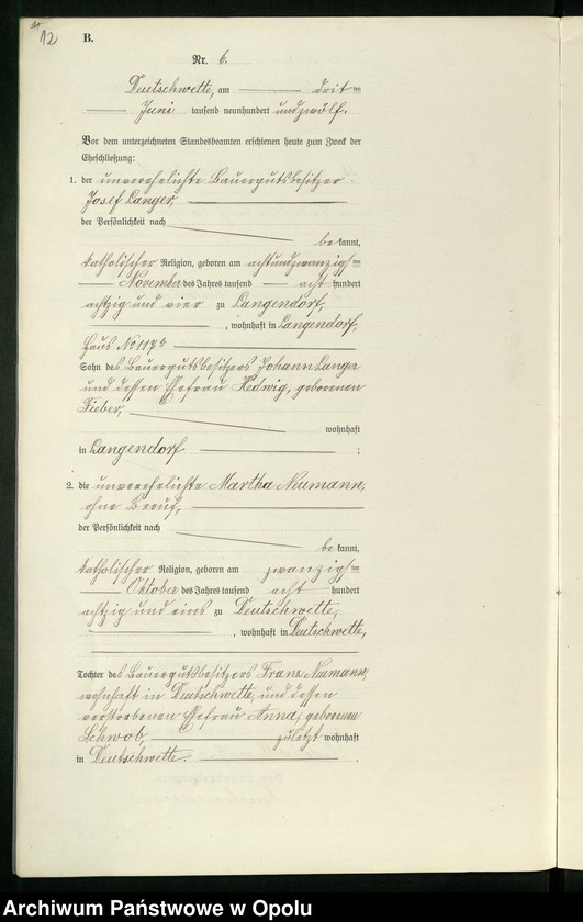 Obraz 16 z jednostki "Heirats-Register (Neben-Register) Standesamt Deutschwette 1912"