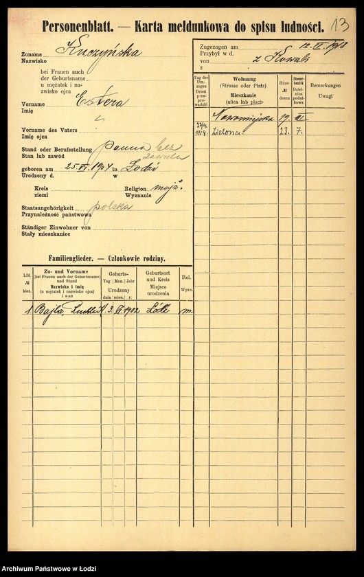 Obraz 15 z jednostki "[Spis ludności Łodzi] Kuczyńska - Kujawiński"