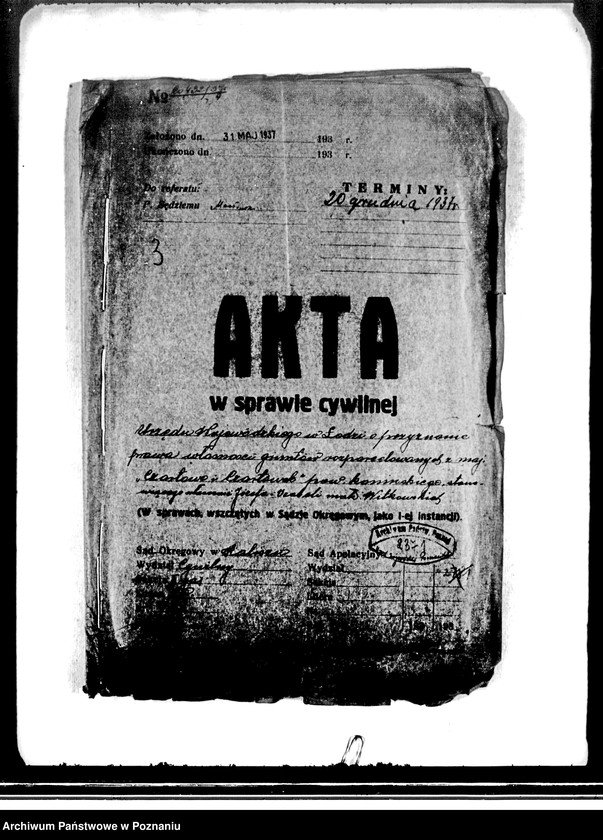 image.from.unit.number "Urząd Wojewódzki w Łodzi o przyznanie własności gruntów rozparcelowanych z majątku Czartowo-Czartówek powiatu konińskiego stanowiących własność Józefa i Izabeli Witkowskich"