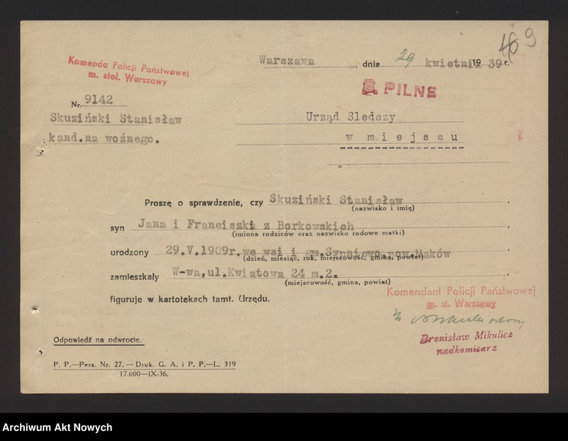 image.from.unit.number "Przyjęcie do służby w Policji Państwowej Stanisława Skuzińskiego. Korespondencja."