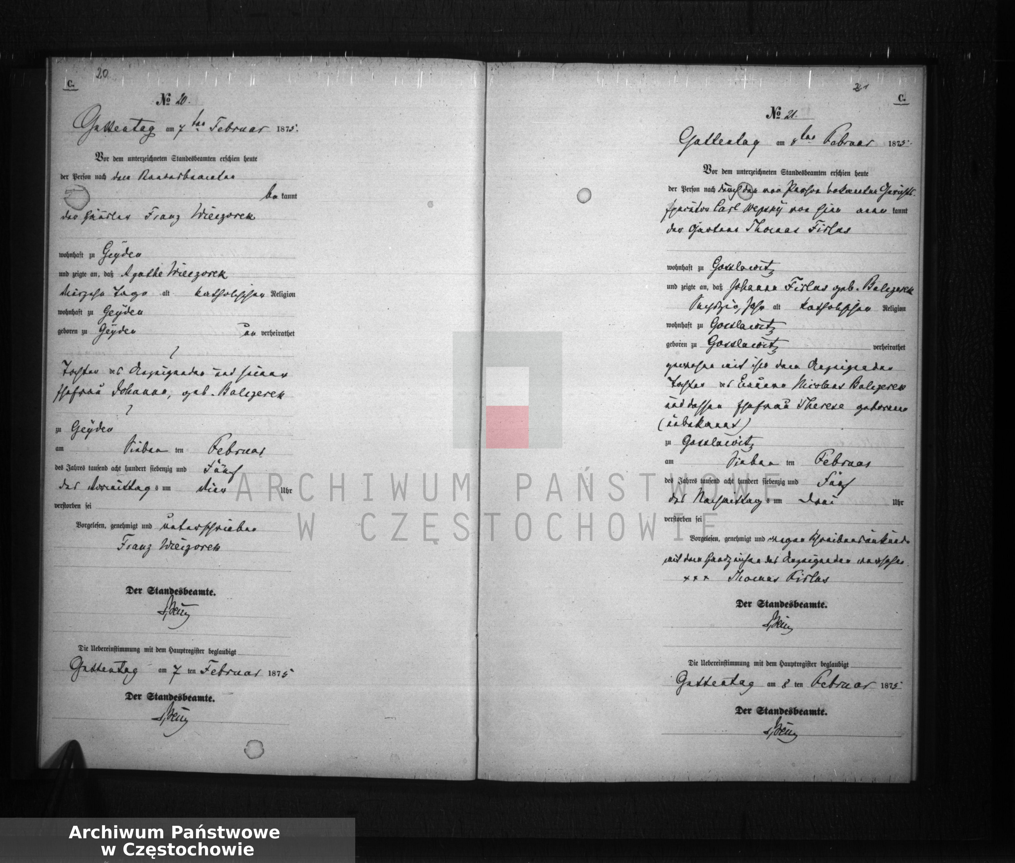 Skan z jednostki: Sterbe - Neben Register des Königlich Preussischen Standesamts Guttentag im Kreise Lublinitz pro 1875. Vol. I.