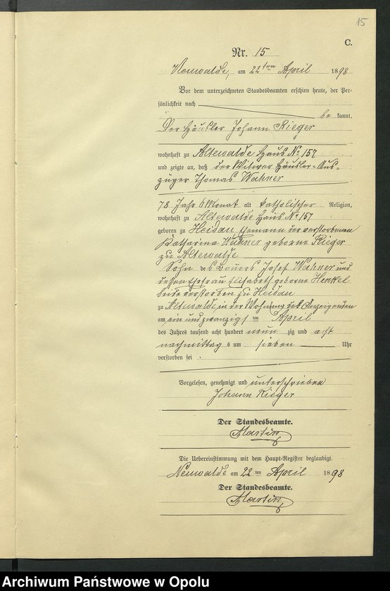 Obraz 19 z jednostki "Sterbe-Neben-Register des Standesamts Altewalde pro 1898"