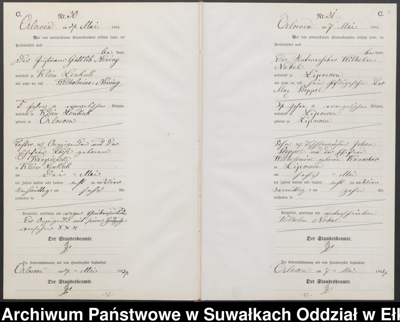 image.from.unit.number "Sterbe-Neben-Register des Preussischen Standes-Amtes Orlowen Kreis Loetzen für das Jahr 1884"