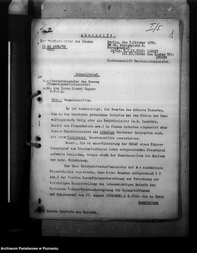 Obraz 5 z jednostki "Beamtenunform. Mitarbeit mit der Posenschen Feuersozietät. Personalstandserhebungen"