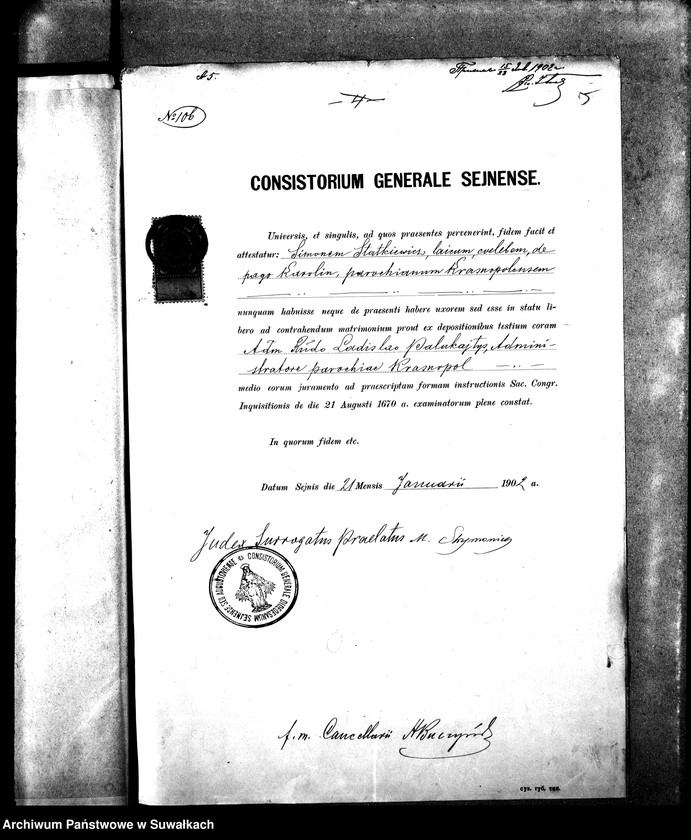 Obraz 9 z jednostki "Dokumenty k aktam brakosočetavšichsja Sejnskago Rimsko-Katoličeskago Prichoda za 1902 god."