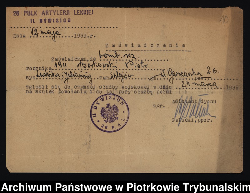 image.from.unit.number "Ewidencja rezerwistów powołanych na ćwiczenia wojskowe i rodzin rezerwistów, którym przyznano, względnie odmówiono udzielenia zasiłku, pomocy rolnej - pracy."