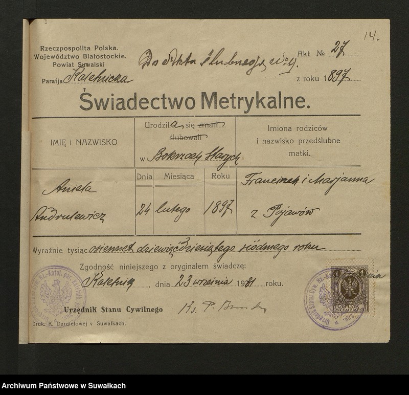image.from.unit.number "Dokumenty Do aktów zaślubionych Smoleńskiej Rzymsko-Katolickiej parafji za 1931 rok"