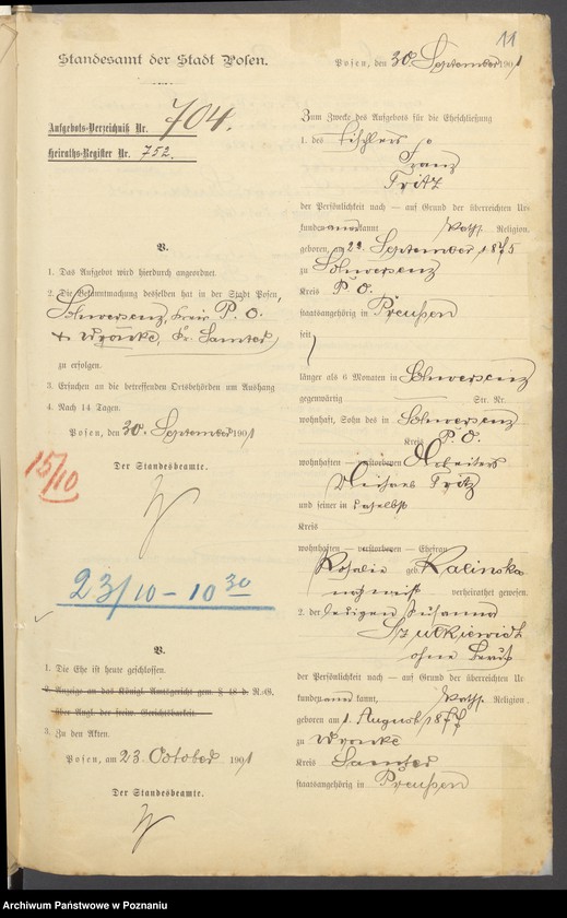 Obraz 13 z jednostki "Die von den Verlobten beigebrachten Urkunden zur Eheschliessung pro 1901. Vol XVI"