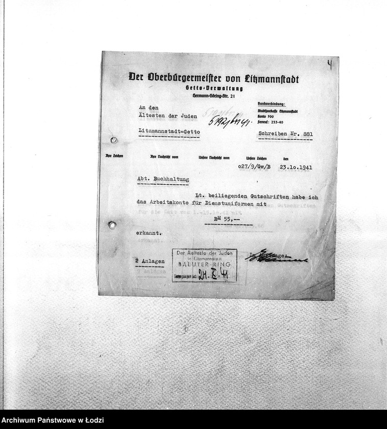 Obraz 7 z jednostki "Sonderkonto [Korespondencja PSŻ z GV w sprawach buchalteryjnych: uznanie konta za przekazane Niemcom mienie żydowskie i dostarczoną siłę roboczą w zamian świadczeń ze strony GV]"