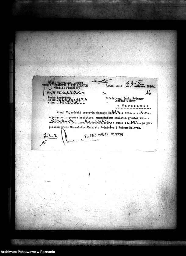 Obraz 19 z jednostki "Sprawa przyznania pomocy kredytowej uczestnikom scalenia gruntów wsi Świętniki powiatu konińskiego"