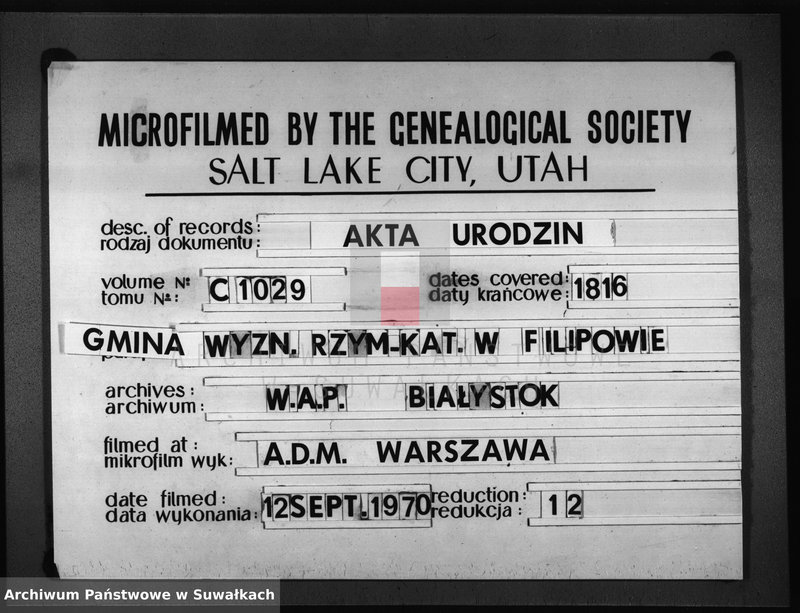 Obraz 1 z jednostki "Akta Urodzonych Gminy Filipowskiey od 1-go Stycznia 1816 R-u"