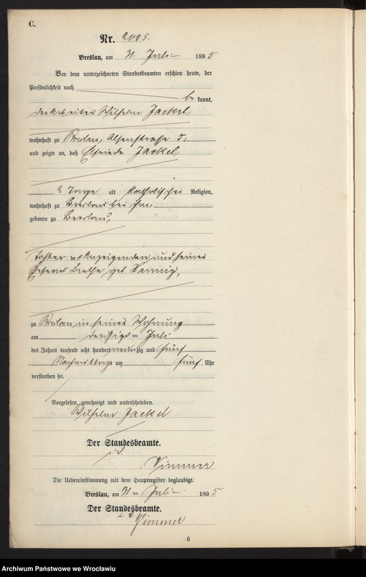 image.from.unit.number "Sterbe-Neben-Register Breslau I 1895 Band 6"