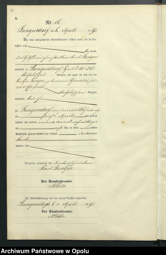 Obraz 20 z jednostki "Geburts-Neben-Register des Standesamts Langendorf pro 1891"