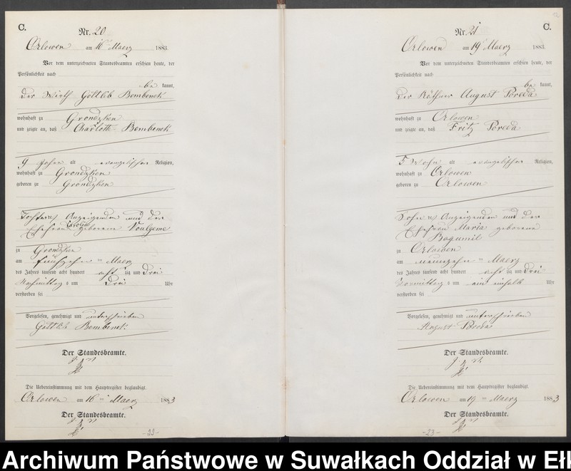 Obraz 15 z jednostki "Sterbe-Neben-Register des Preussischen Standes-Amtes Orlowen Kreis Loetzen für das Jahr 1883"