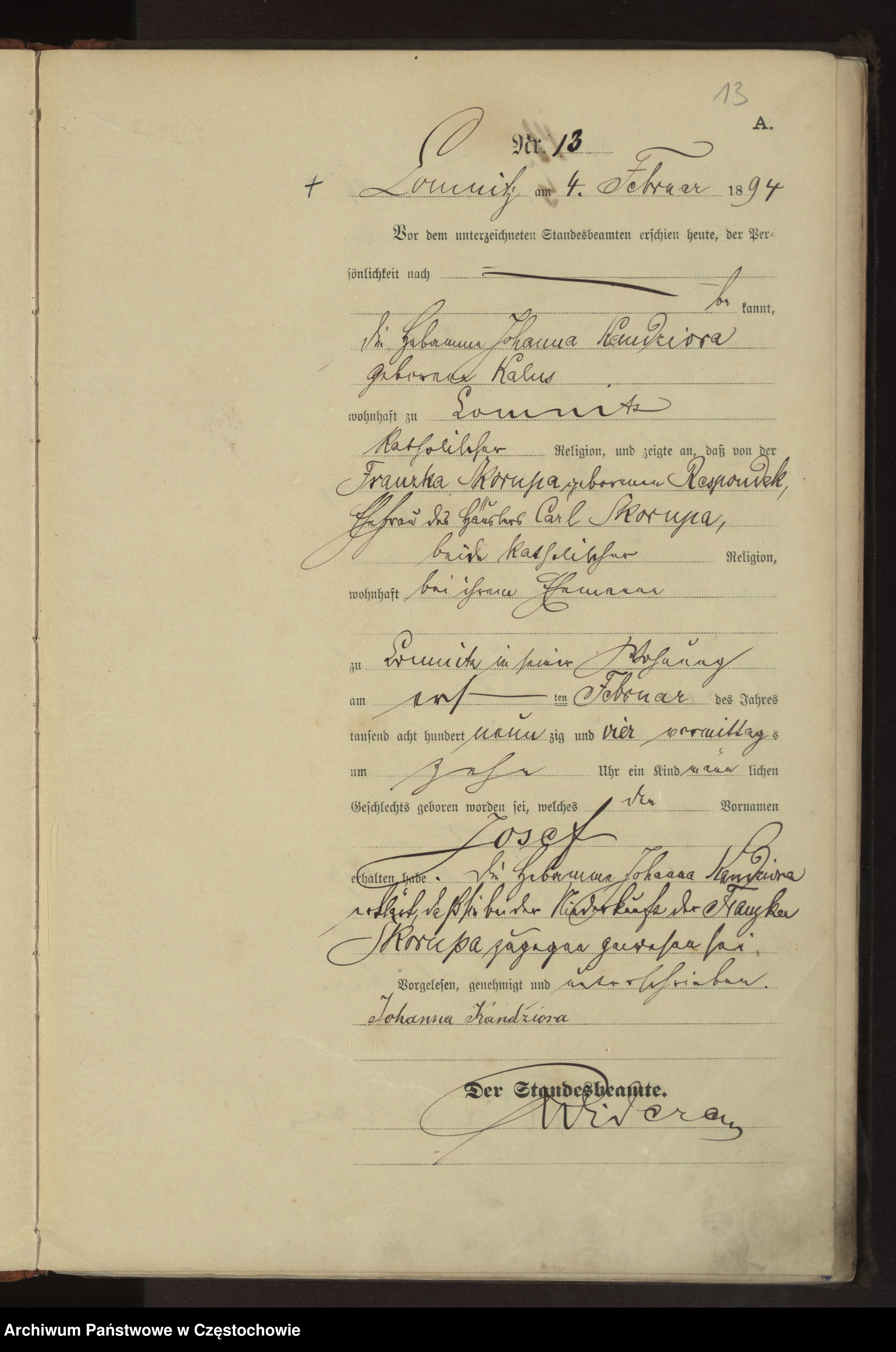 Skan z jednostki: Geburts - Haupt Register des Königlich Preussischen Standesamts Schoffschütz im Kreise Rosenberg pro 1894. Vol.21.