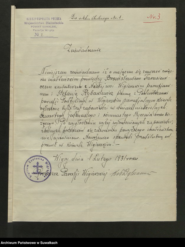 Obraz 5 z jednostki "Aneksy do aktów ślubnych parafji Podżyliny za 1931 rok"