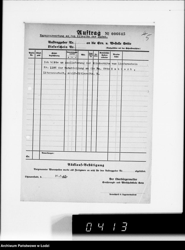 Obraz 9 z jednostki "Firma Otto Sabbert Litzmannstadt IV Warenverwertung an den Juden-Ältesten. Kinderhüte, Mützen"