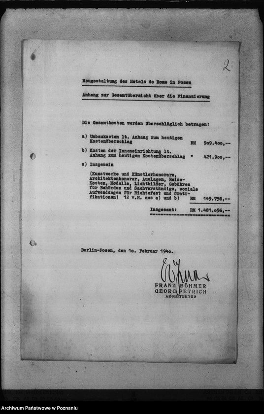 Obraz 6 z jednostki "Umbauten des Hotels de Rome in Posen, des Deutschen Schlosses, des Erholungsheimes der Reichsstatthalterei in Strohfelde, der Gauhalle und des Gauhotels"