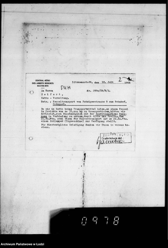 Obraz 6 z jednostki "Post an den Ältesten der Juden D.W.H.[Korespondencja dotycząca różnych prac w Getcie]"