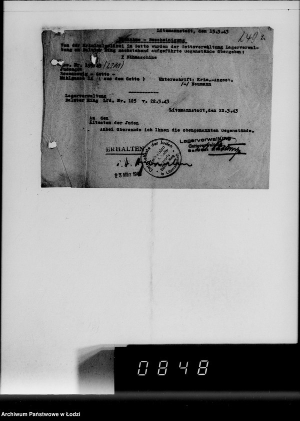 Obraz 6 z jednostki "[Konfiskata przez Kripo w Getcie ruchomego mająktu żydowskiego] Nr 1-250"