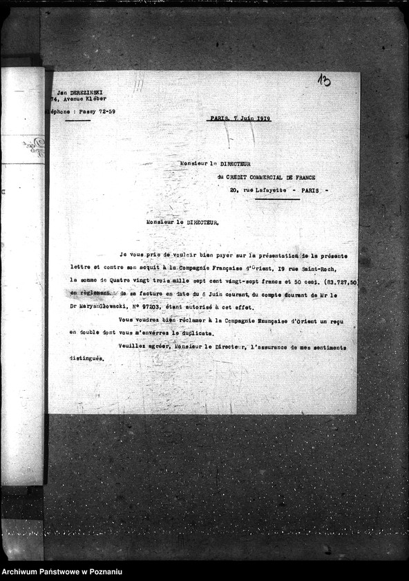 Obraz 18 z jednostki "[Różne papiery i korespondencje dot. Spraw załatwianych przez polskich przedstawicieli handlowych w Paryżu]"