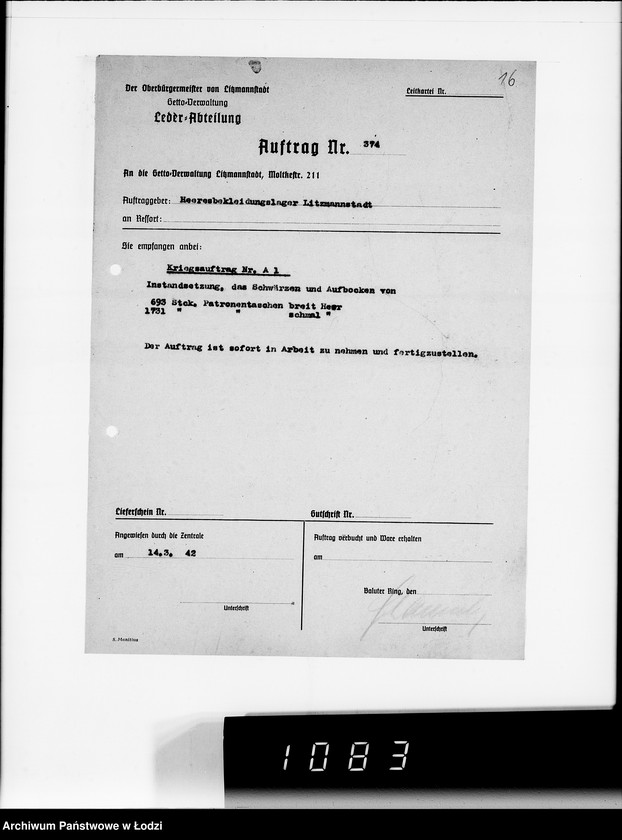 Obraz 20 z jednostki "Kriegsauftrag J.S 374 94 Patronentaschen [dla Heeresbekleidungsamt Litzmannstadt]"